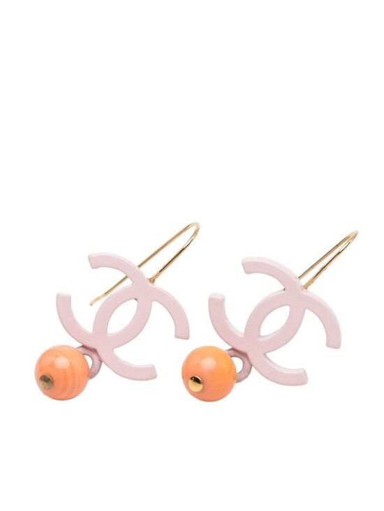 Chanel Vintage 04A Pink Clear Resin CC Logo Crystal Studded  Chanel CC Logo Hook Earrings 03 Pink Plated Plastic